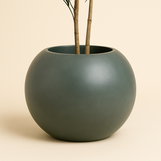 Fiberglass planter called The Globe by Austrian Artisan, featuring a sculptural, globular design perfect for modern indoor or outdoor plants.